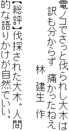 電ノコでさっと伐られし大木は
　訳も分からず　痛かったねえ
　　　　　　　　　　林　建生　作

【総評】伐採された大木。人間
的な語りかけが自然でいい。