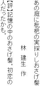 あの庭に枇杷の実採りしおさげ髪

　　　　　　　　　　　　林　建生　作

【評】記憶の中のおさげ髪。初恋の
人だったかも。