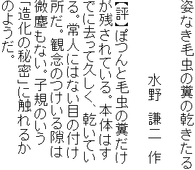 姿なき毛虫の糞の乾きたる

　　　　　　　　水野　謙二　作

【評】ぽつんと毛虫の糞だけ
が残されている。本体はす
でに去って久しく、乾いてい
る。常人にはない目の付け
所だ。観念のつけいる隙は
微塵もない。子規のいう
「造化の秘密」に触れるか
のようだ。